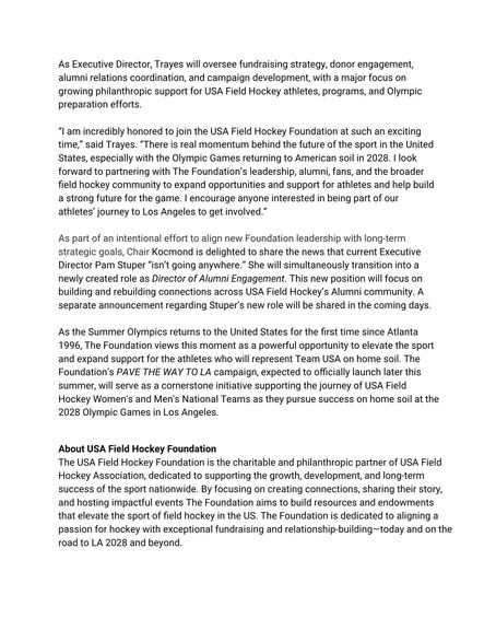 USA FIELD HOCKEY FOUNDATION ANNOUNCES JENNIE TRAYES AS NEW EXECUTIVE DIRECTOR 